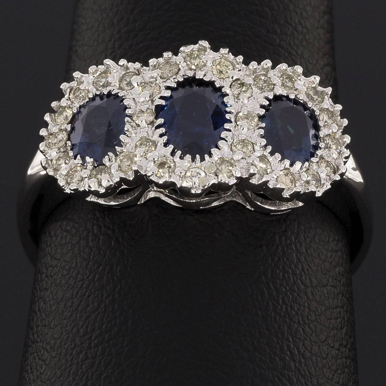 Oval Blue Sapphire Diamond White Gold Three-Stone Halo Engagement Ring 1