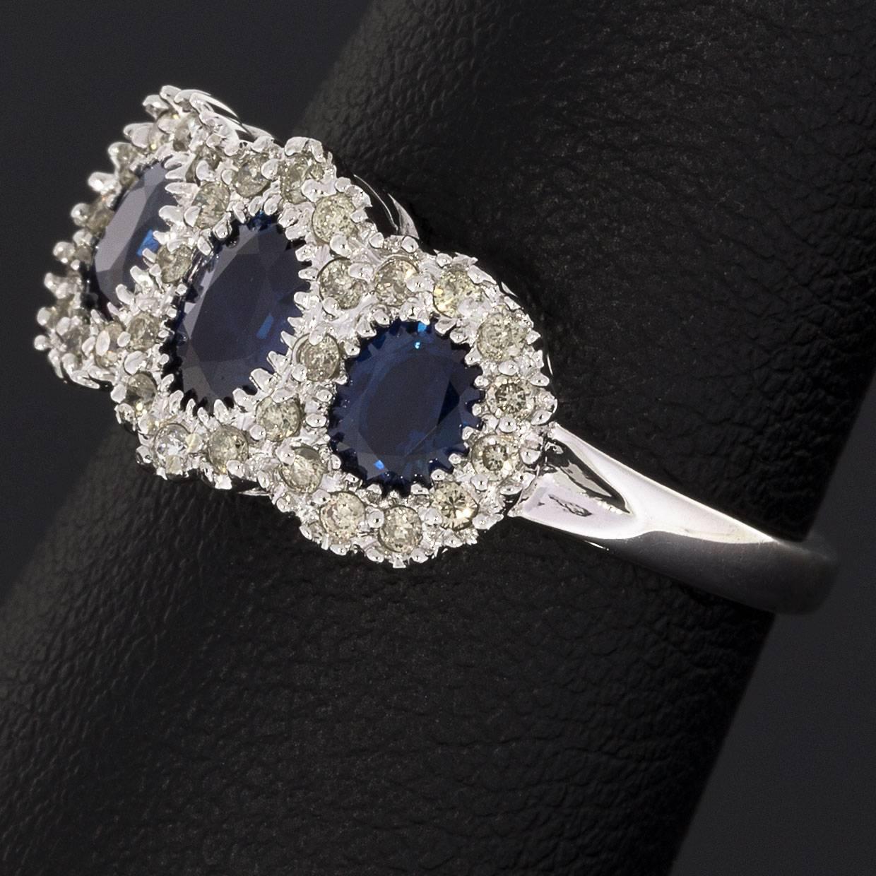 Oval Blue Sapphire Diamond White Gold Three-Stone Halo Engagement Ring 2