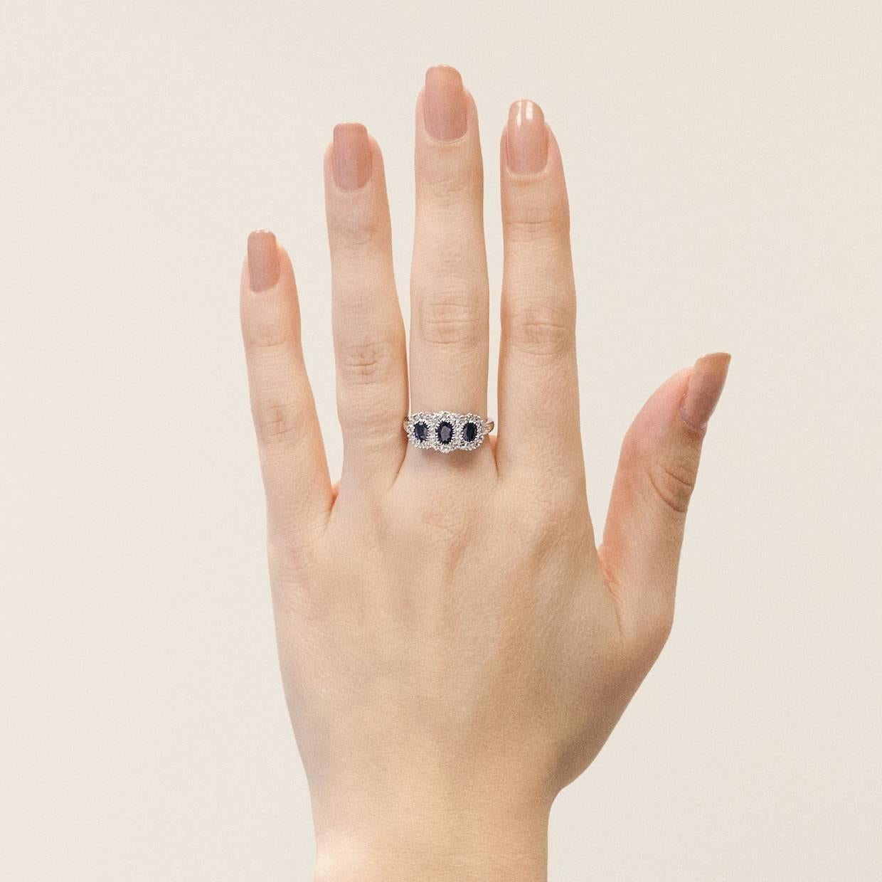 Oval Blue Sapphire Diamond White Gold Three-Stone Halo Engagement Ring 3
