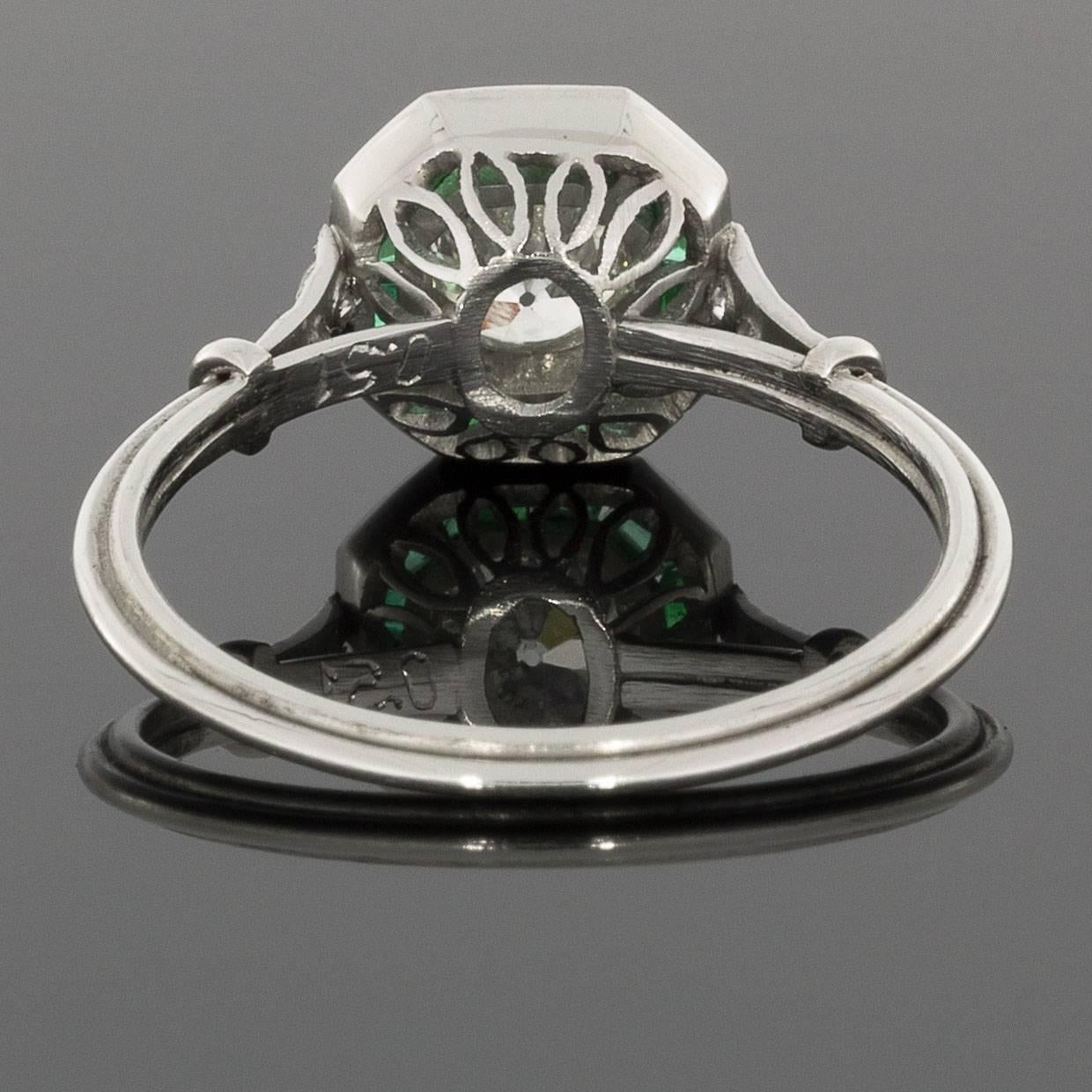 Art Deco Old European Diamond Calibre Emerald Platinum Halo Engagement Ring