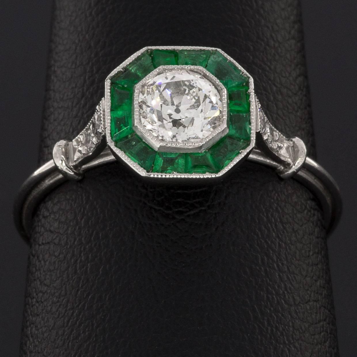 Women's Old European Diamond Calibre Emerald Platinum Halo Engagement Ring