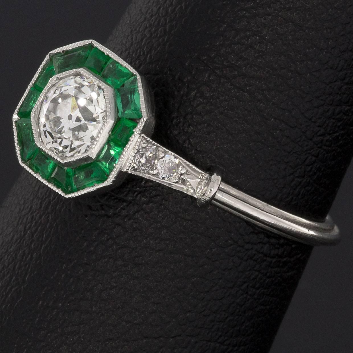 Old European Diamond Calibre Emerald Platinum Halo Engagement Ring 1