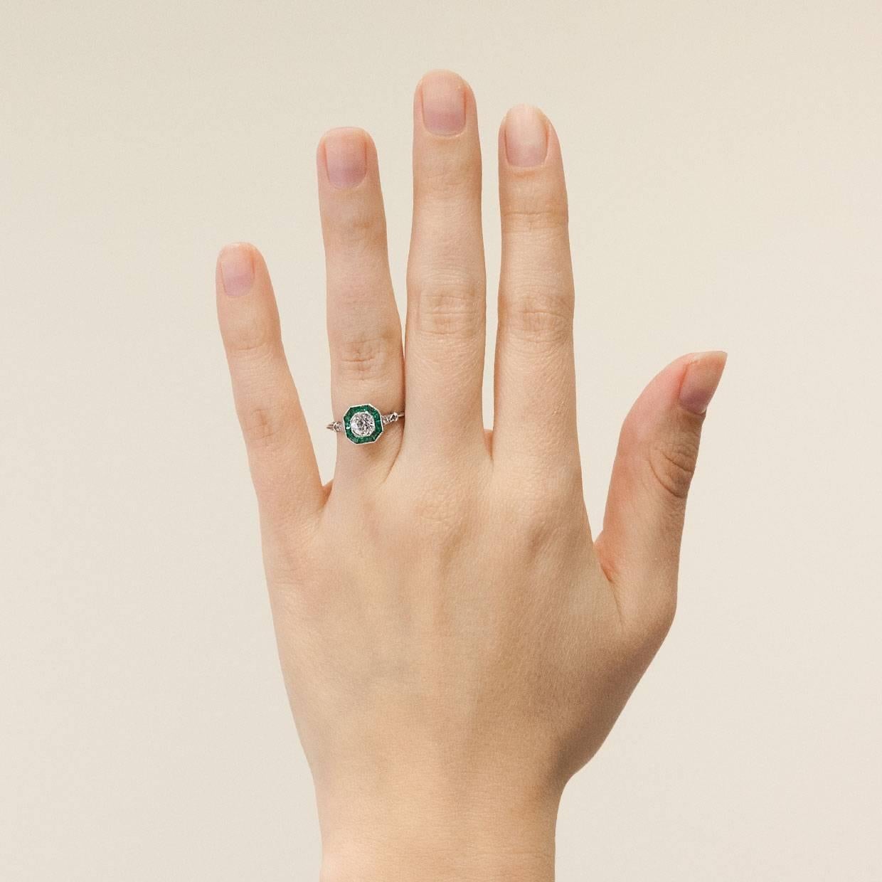 Old European Diamond Calibre Emerald Platinum Halo Engagement Ring 2