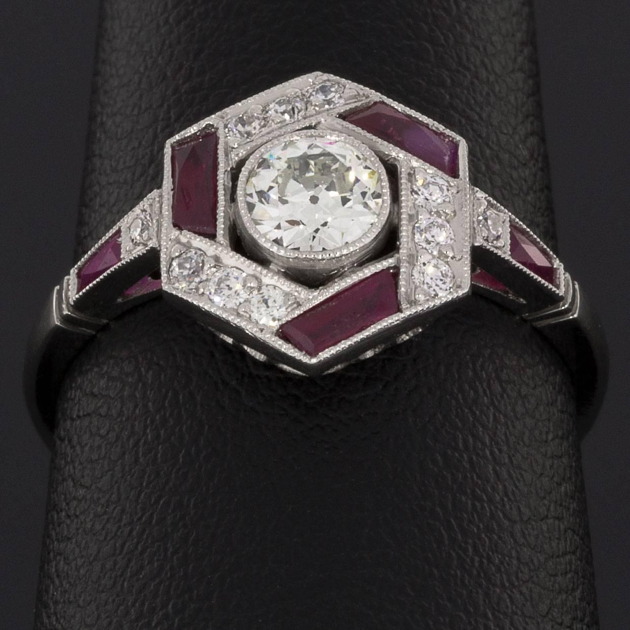 Art Deco Geometric Old European Diamond Ruby Platinum Hexagon Halo Engagement Ring