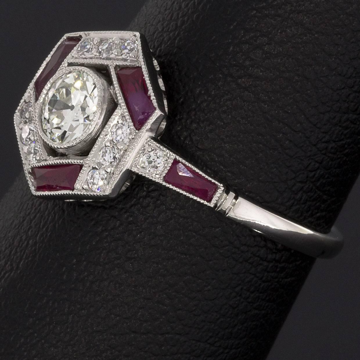 Geometric Old European Diamond Ruby Platinum Hexagon Halo Engagement Ring In New Condition In Columbia, MO