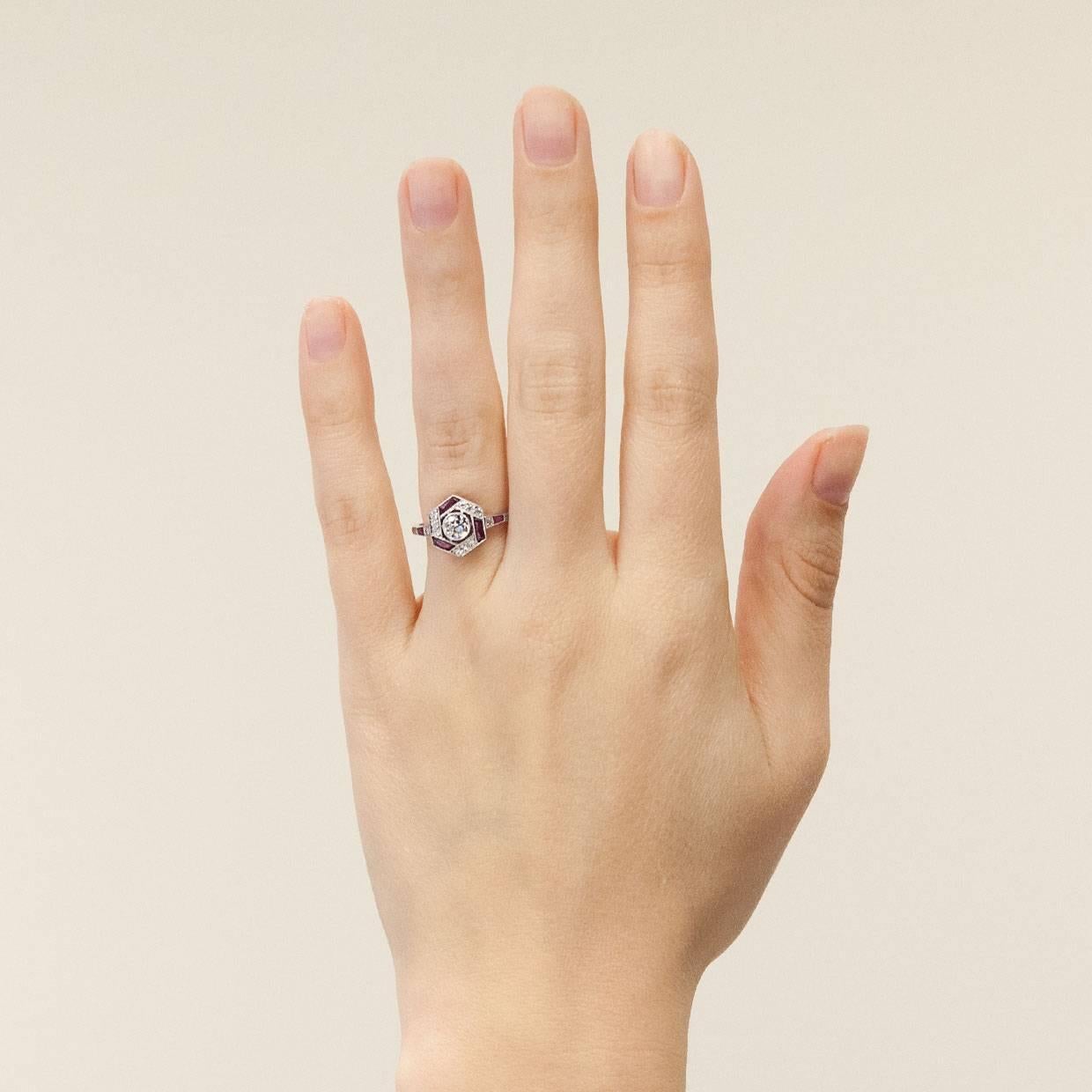 Women's Geometric Old European Diamond Ruby Platinum Hexagon Halo Engagement Ring