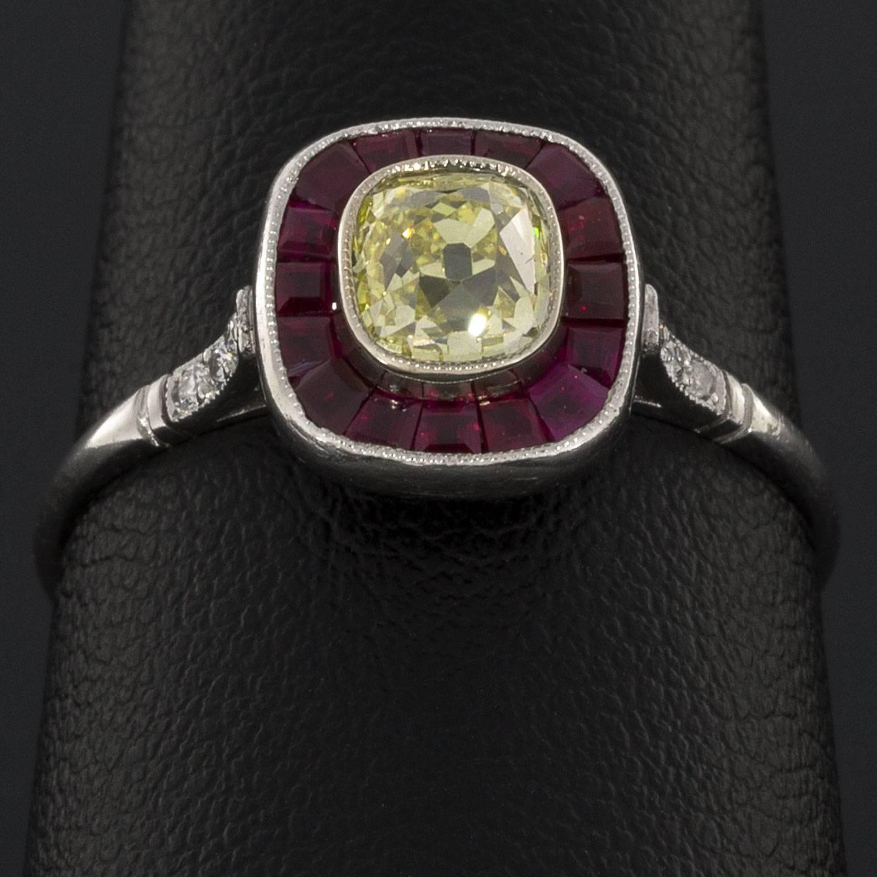 Women's Classic Old Mine Cut Fancy Yellow Diamond Ruby Platinum Halo Engagement Ring For Sale