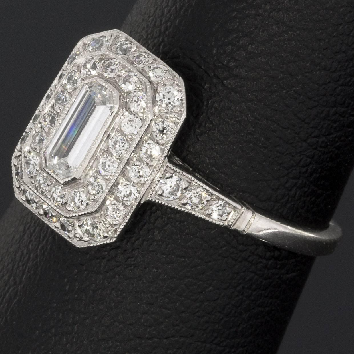 Art Deco Emerald Diamond Platinum Double Octagon Halo Engagement Ring