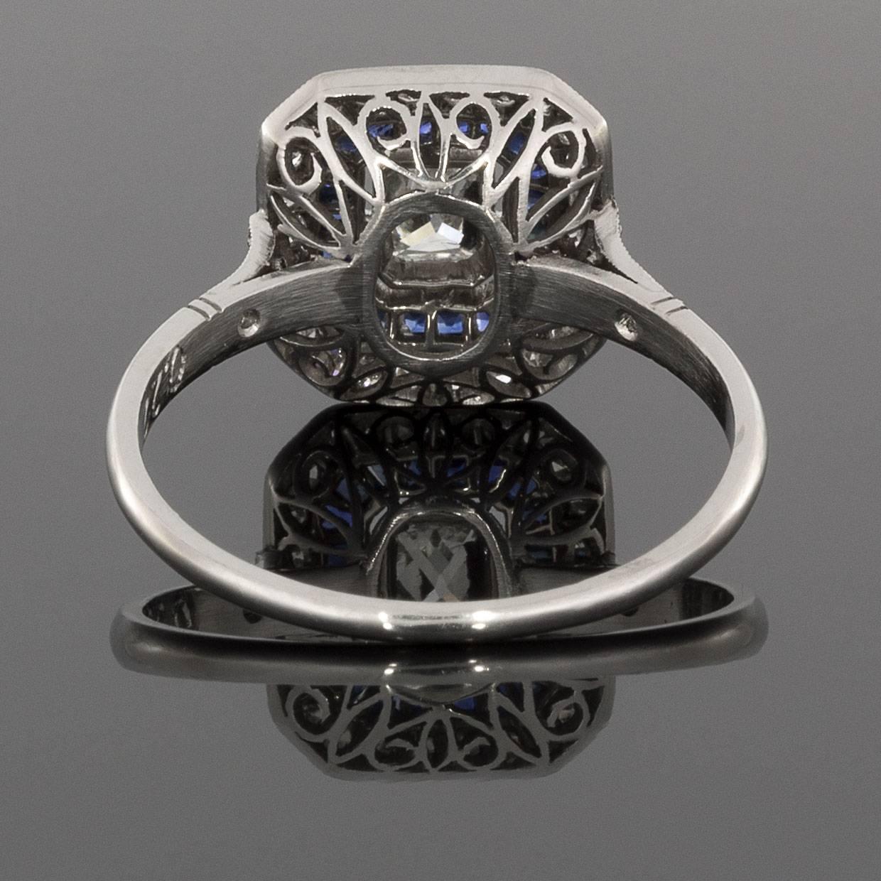Art Deco Sapphire Radiant Diamond Platinum Double Halo Engagement Ring
