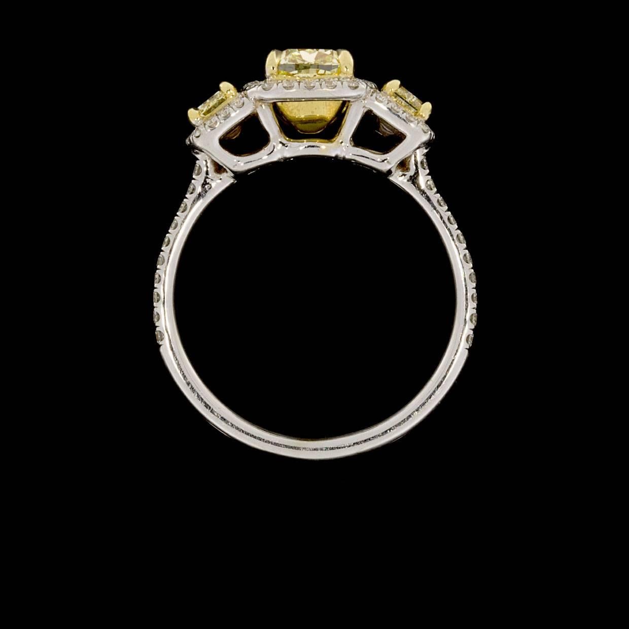 Women's Fancy Yellow GIA Certified Cushion Diamond Halo Three-Stone Engagement Ring