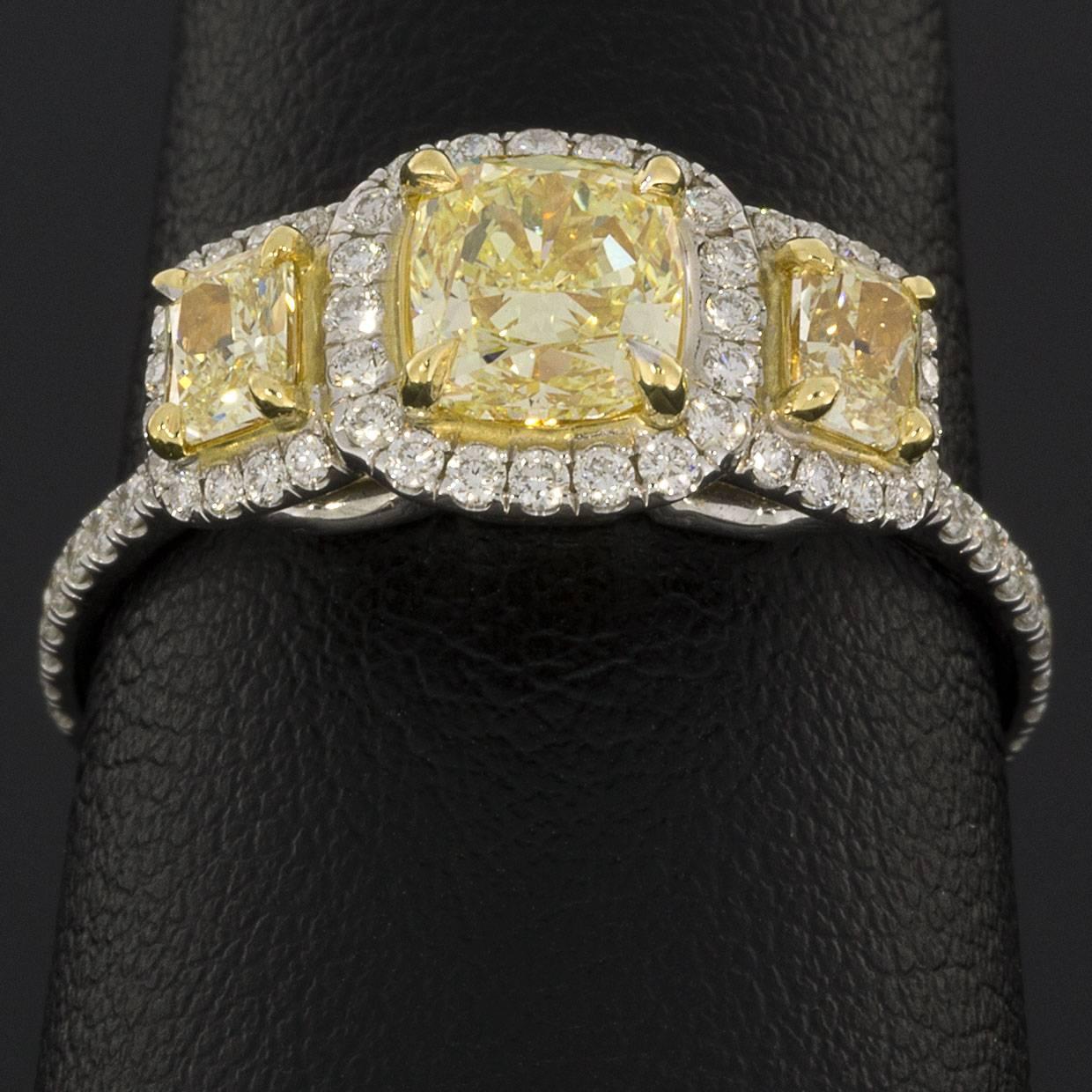 Fancy Yellow GIA Certified Cushion Diamond Halo Three-Stone Engagement Ring 1