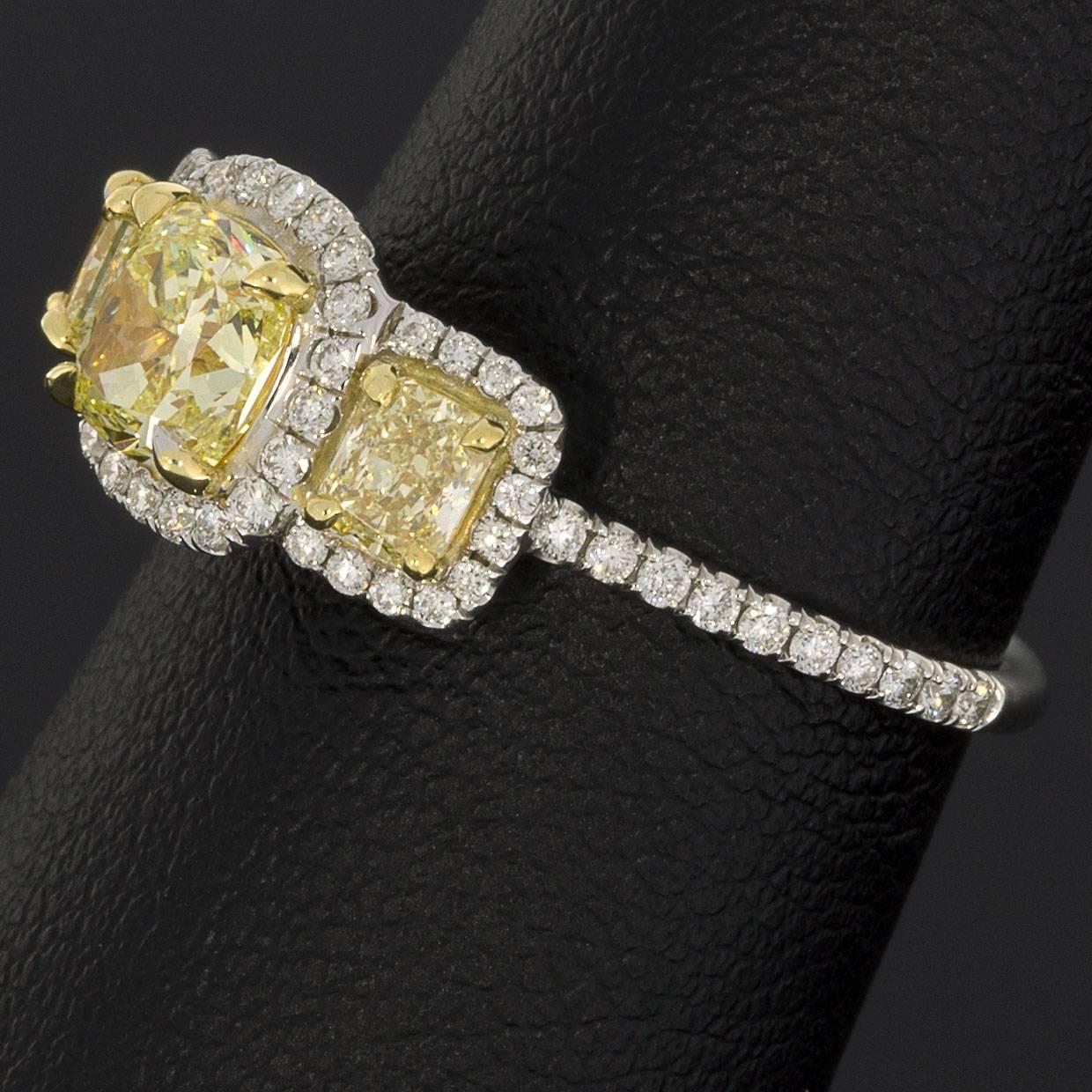 Fancy Yellow GIA Certified Cushion Diamond Halo Three-Stone Engagement Ring 2