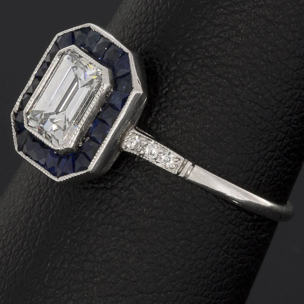 Art Deco Sapphire Emerald Cut Diamond Platinum Halo Engagement Ring