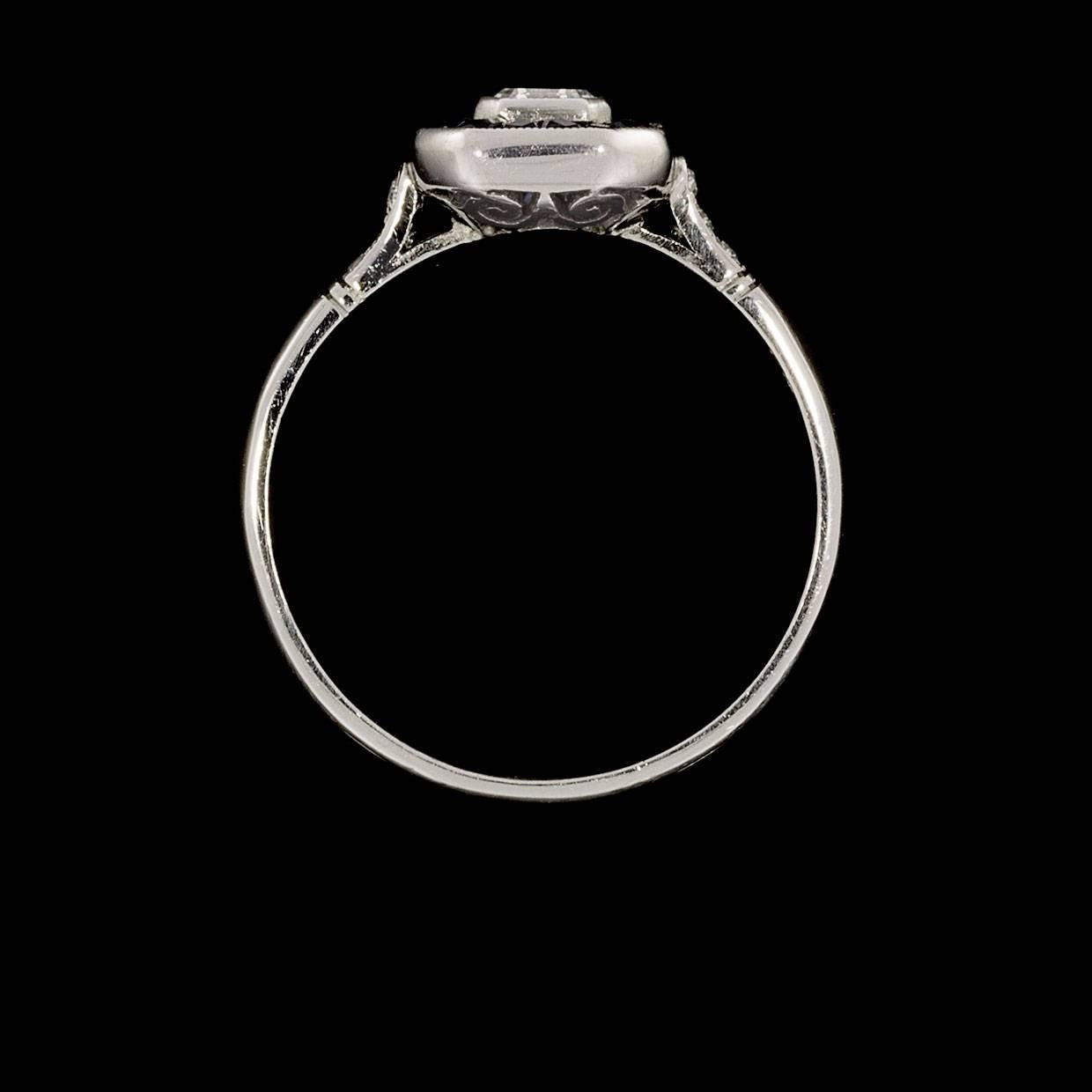 Art Deco Emerald Cut Diamond Sapphire Platinum Halo Engagement Ring For Sale