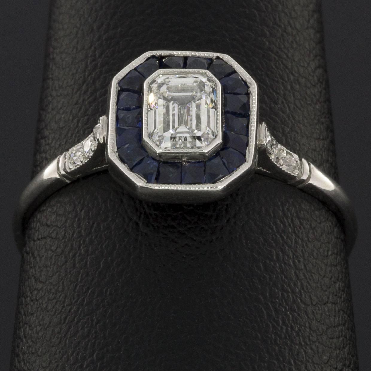 Emerald Cut Diamond Sapphire Platinum Halo Engagement Ring In New Condition For Sale In Columbia, MO