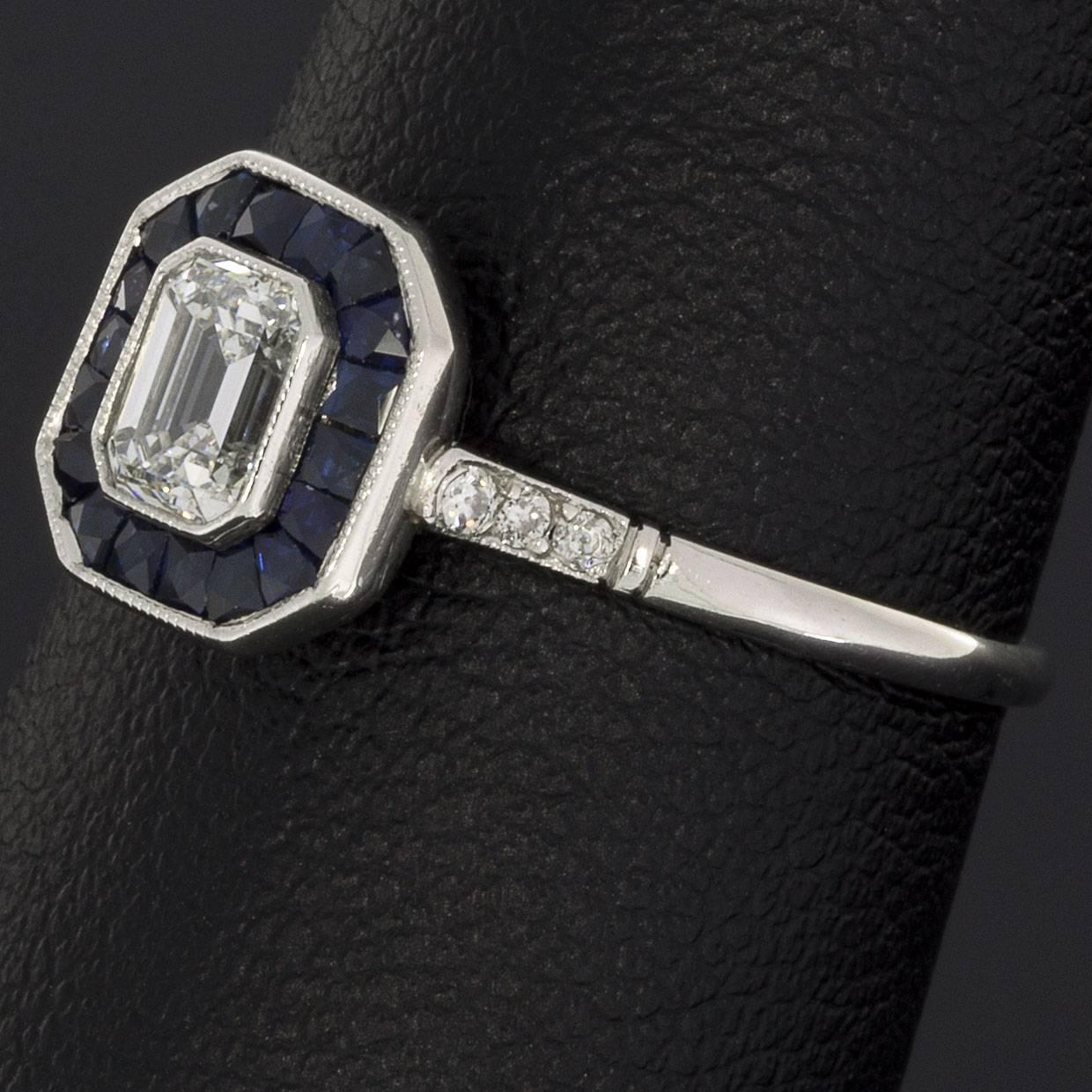 Women's Emerald Cut Diamond Sapphire Platinum Halo Engagement Ring For Sale