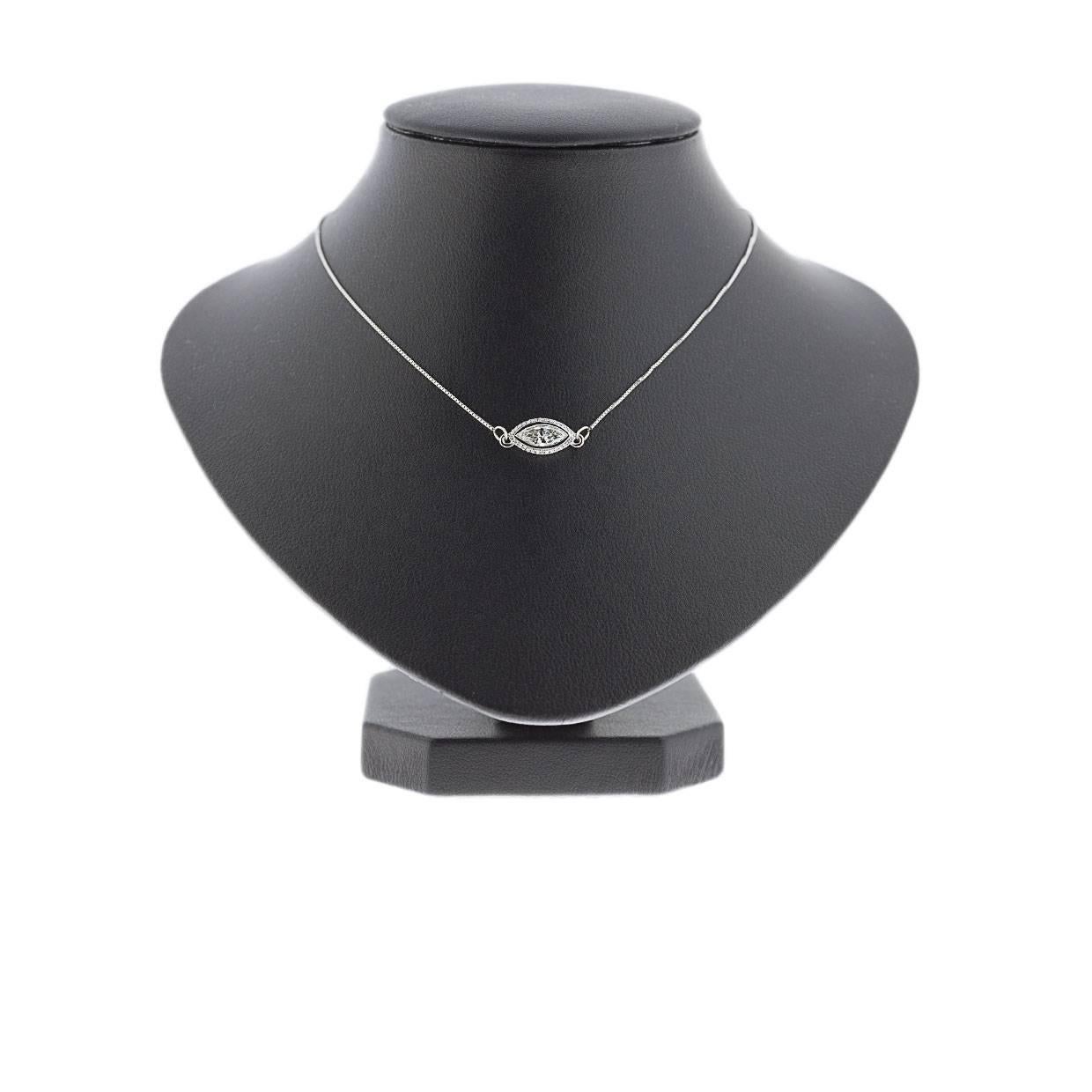Simple yet elegant & beautiful would be the best way to describe this stunning necklace! It features a sparkly marquise brilliant cut diamond that weighs .38 carat & grades as I/SI2 in quality. This pretty diamond is bezel set in a 14 karat