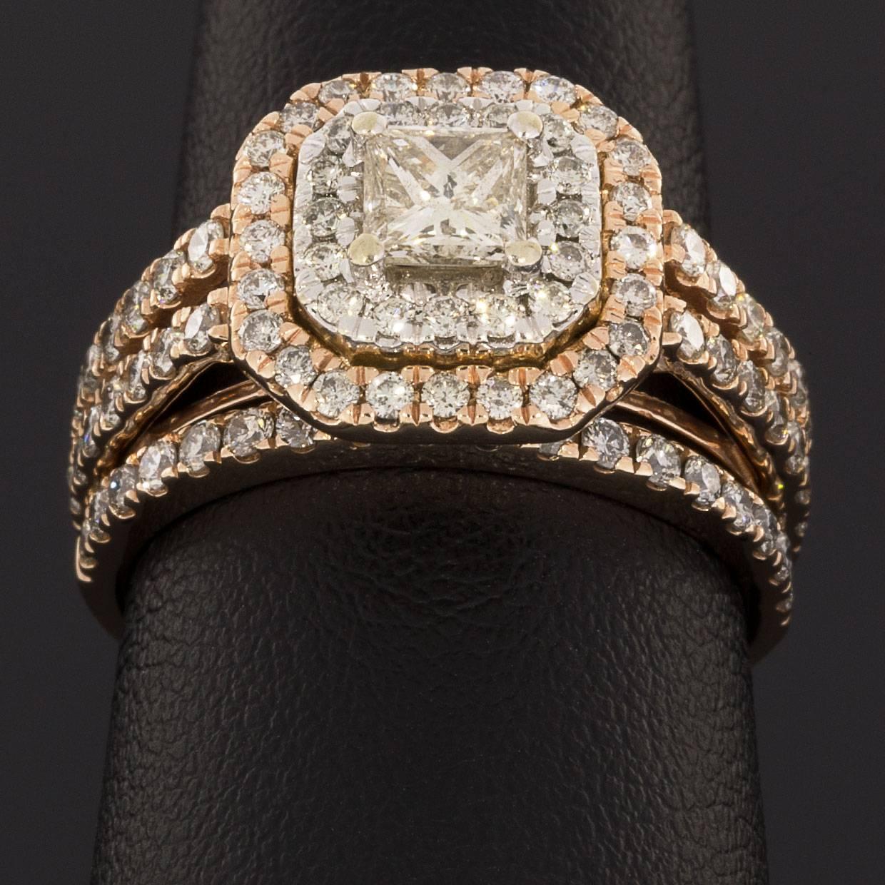 Princess Cut Rose Gold Princess Diamond Double Halo Engagement Ring and Wedding Band Set