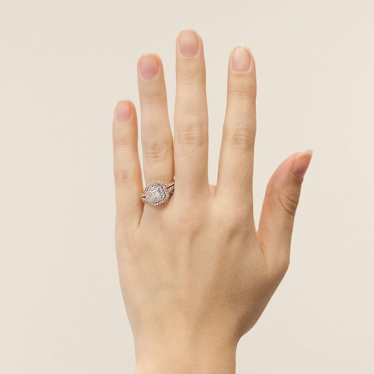 Women's Rose Gold Princess Diamond Double Halo Engagement Ring and Wedding Band Set