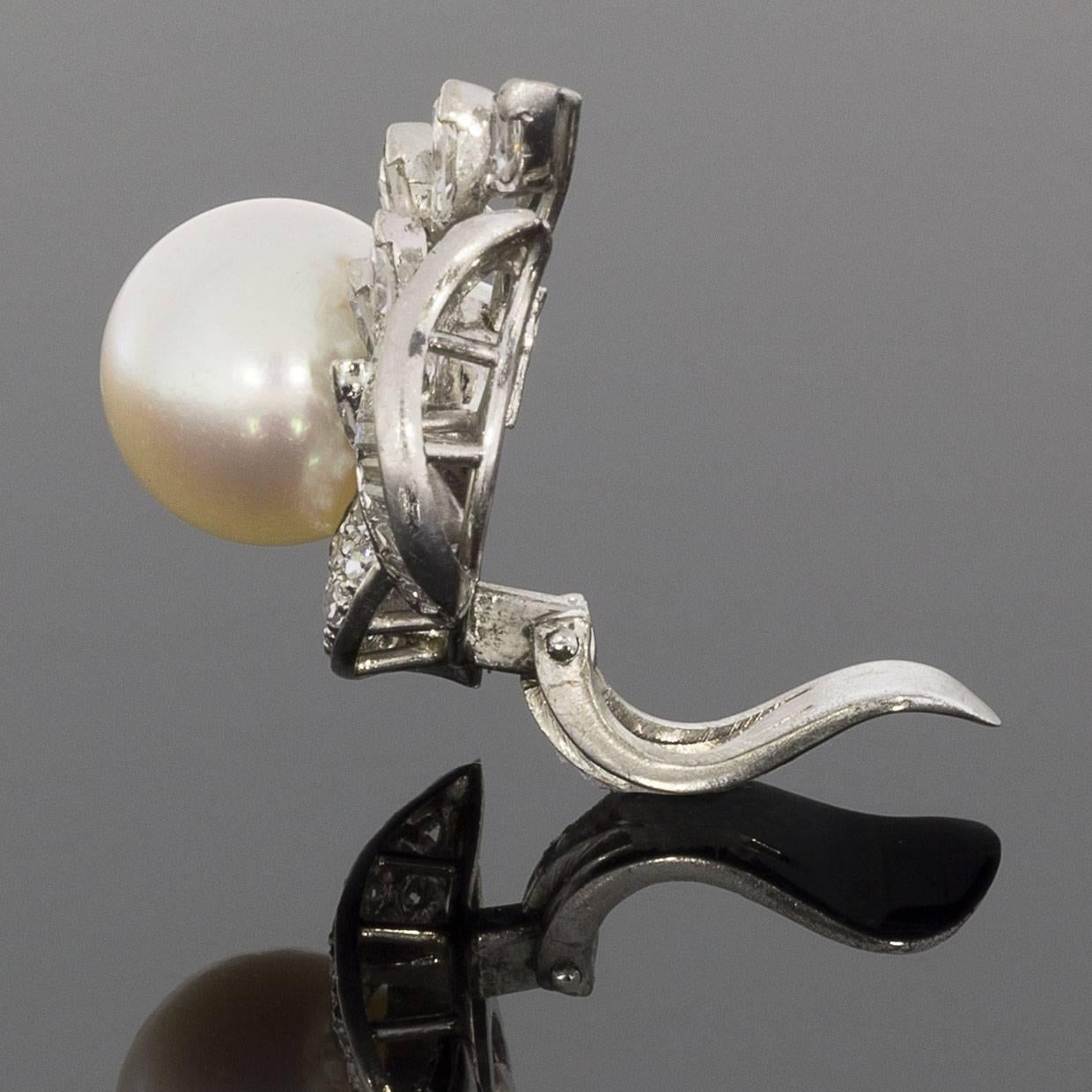 Certified Estate Platinum Akoya Cultured Pearl and Diamond Swirl Earrings In Excellent Condition In Columbia, MO