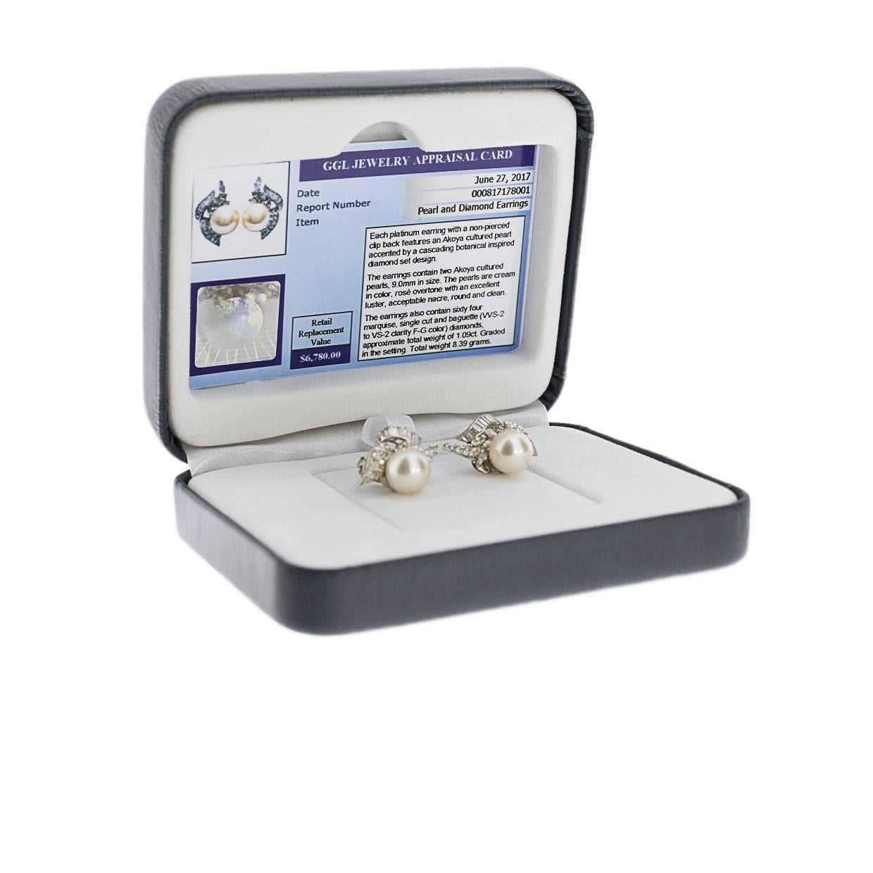 Certified Estate Platinum Akoya Cultured Pearl and Diamond Swirl Earrings 2
