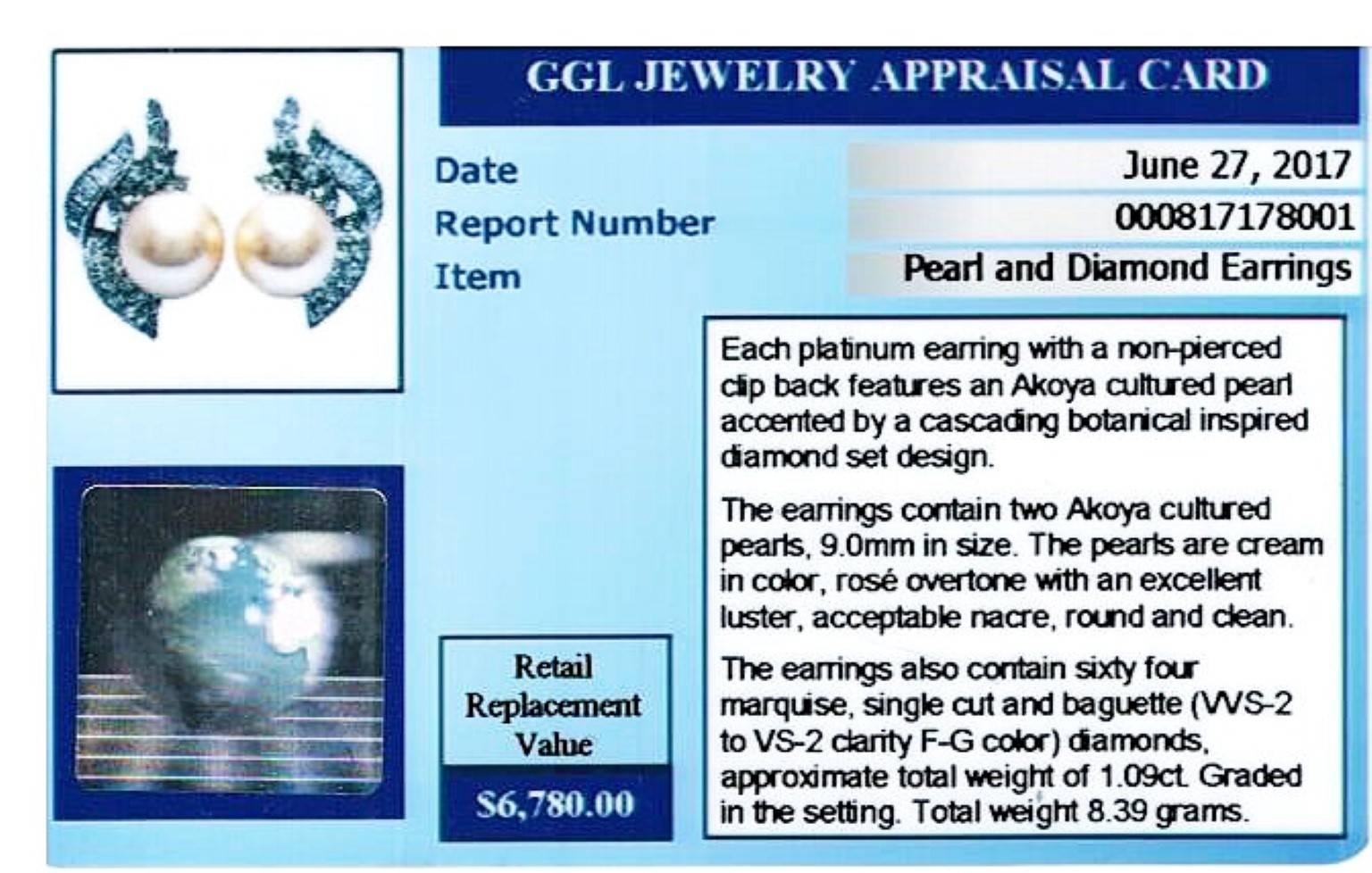 Certified Estate Platinum Akoya Cultured Pearl and Diamond Swirl Earrings 3