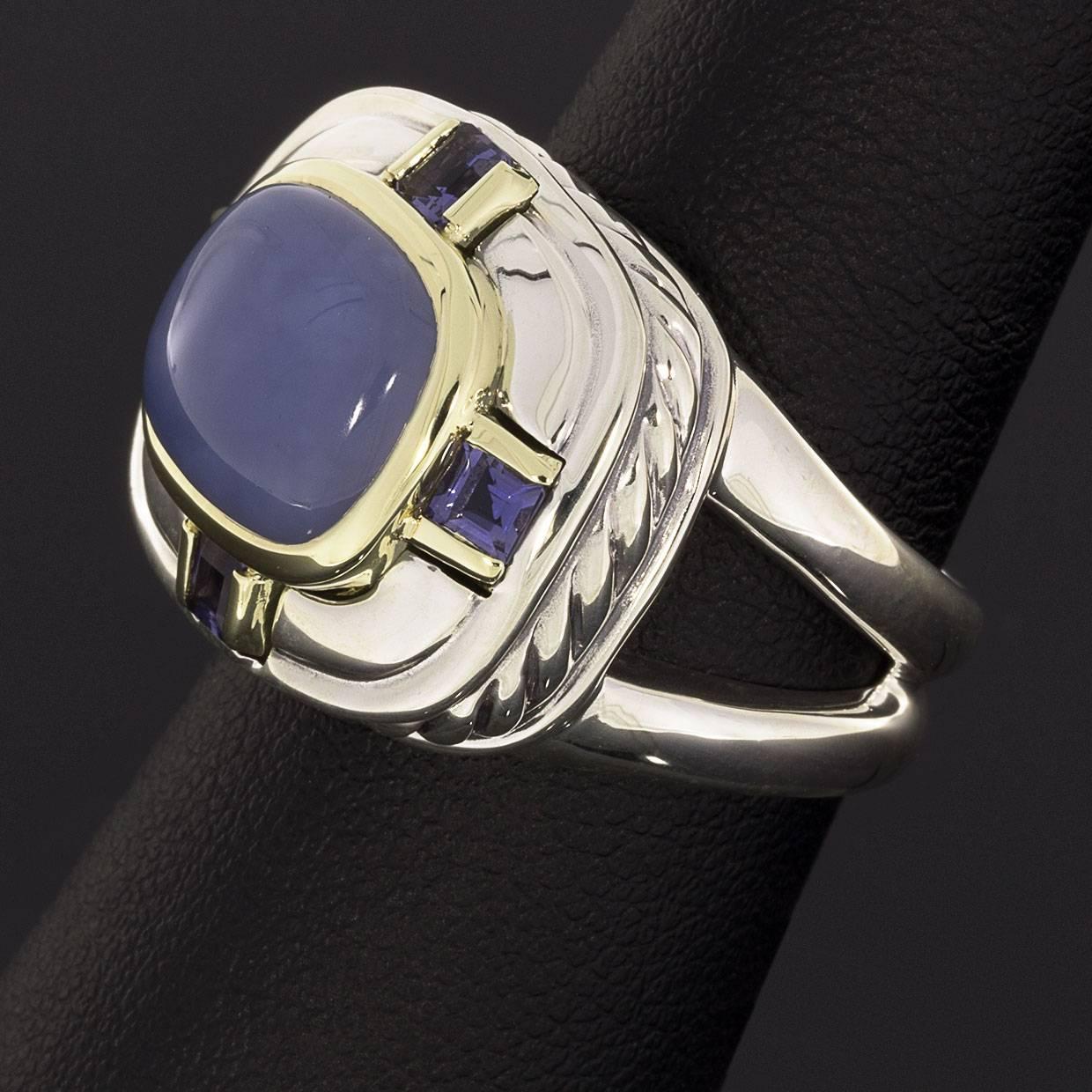 David Yurman Chalcedony and Iolite Renaissance Cable Silver and Gold Ring 2
