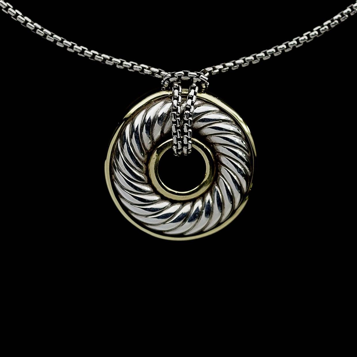 Women's David Yurman Carved Cable Disc Silver and Gold Pendant Necklace