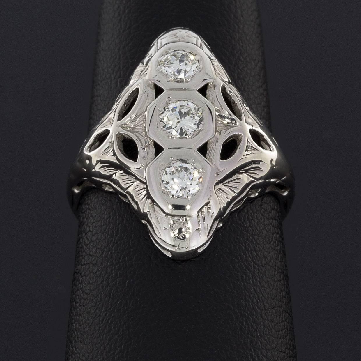 Women's Vintage Old European Diamond Filigree Engraved White Gold Ring