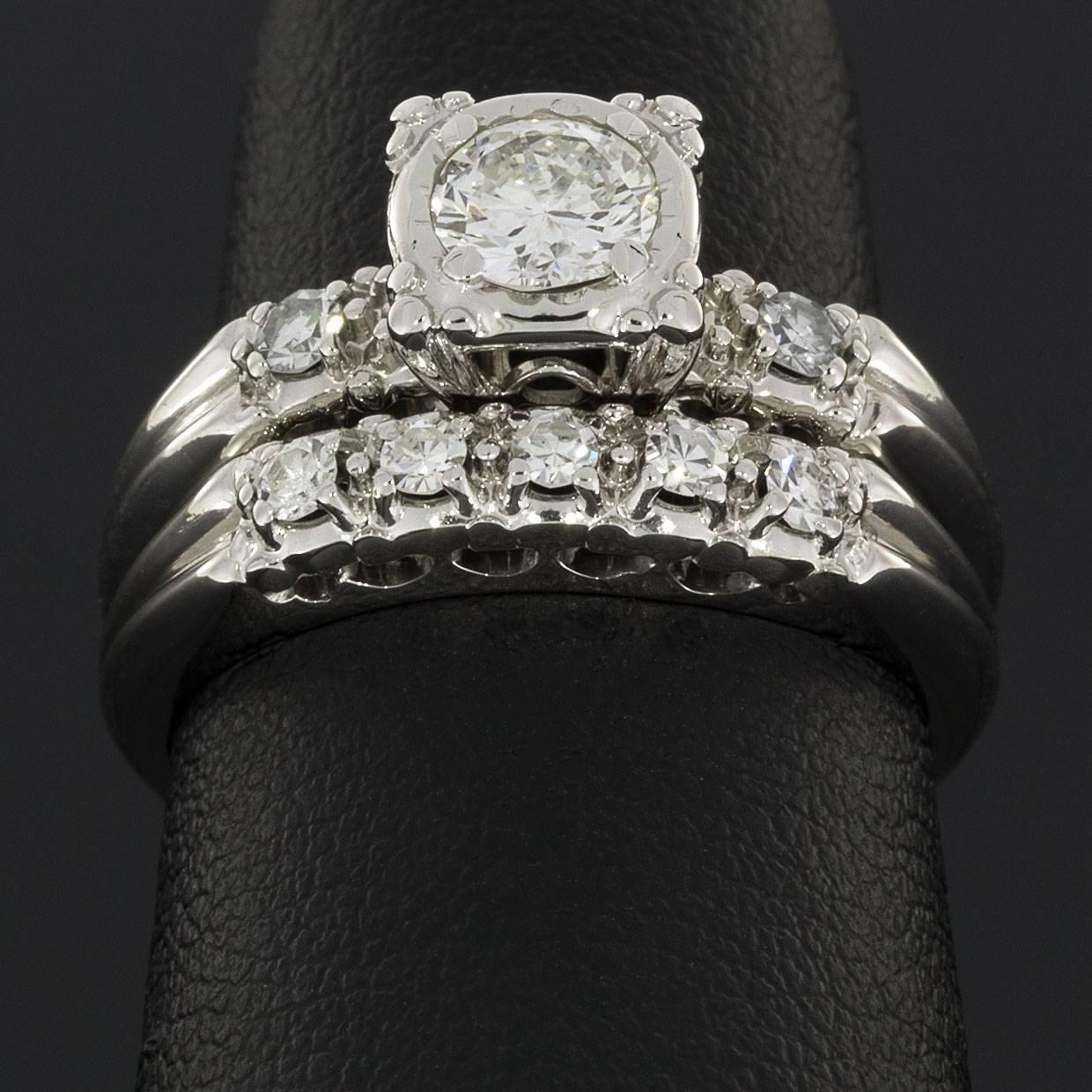 Vintage Round Diamond White Gold Engagement Ring and Wedding Band Set 1