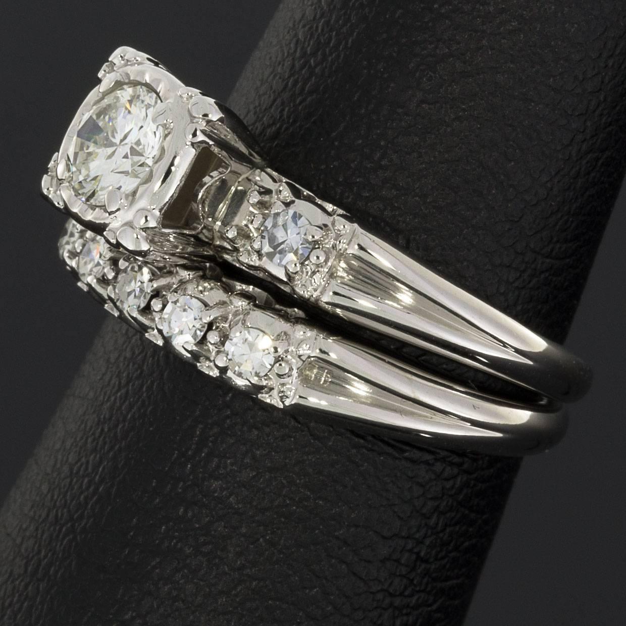 Vintage Round Diamond White Gold Engagement Ring and Wedding Band Set 2
