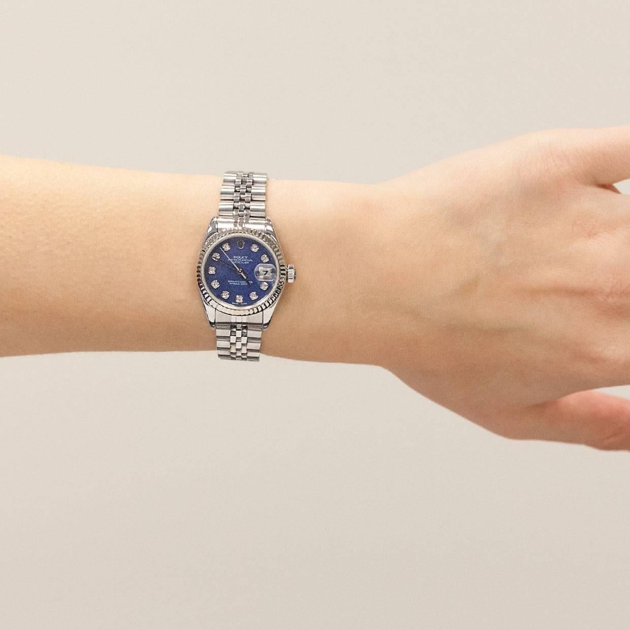 Rolex Ladies White Gold Stainless Steel Blue Diamond Dial Datejust Wristwatch 4