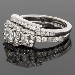 Princess Cut Diamond Three-Stone Halo Engagement Ring Wedding Band Set