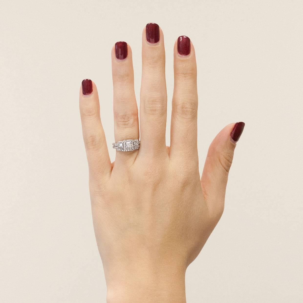 Women's Princess Cut Diamond Three-Stone Halo Engagement Ring Wedding Band Set