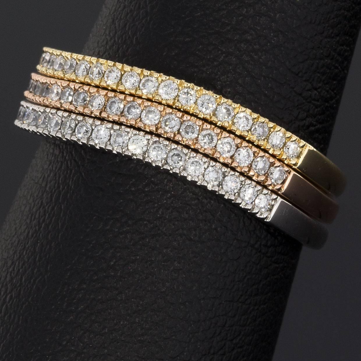 Round Diamond Wavy Design Multi-Tone Gold Set of Three Stackable Rings 2