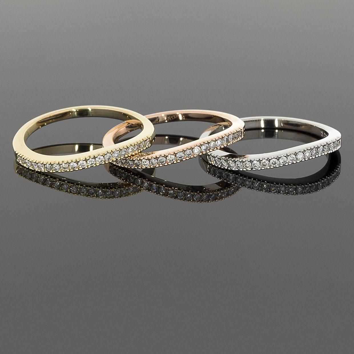 Round Diamond Wavy Design Multi-Tone Gold Set of Three Stackable Rings 4