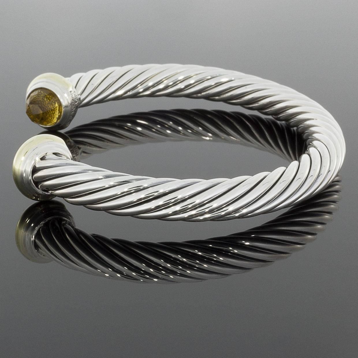 David Yurman Sterling Silver and Gold Citrine Cable Cuff Bracelet In Excellent Condition In Columbia, MO