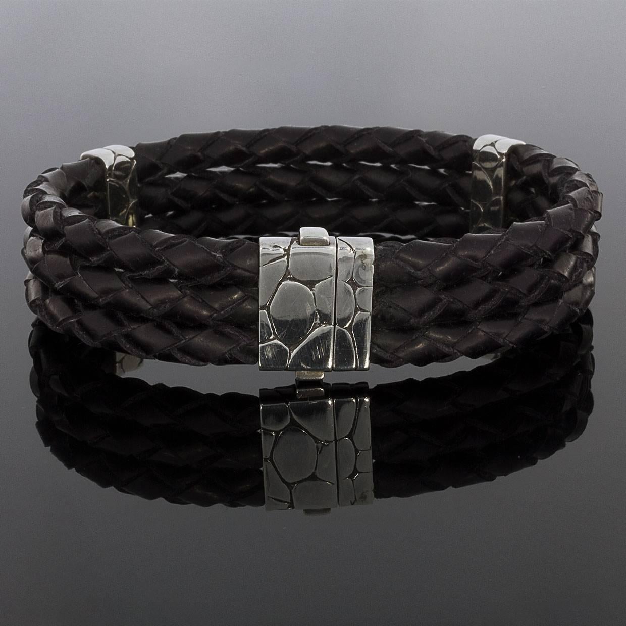 John Hardy Kali Three-Row Leather and Silver Bracelet In Excellent Condition In Columbia, MO