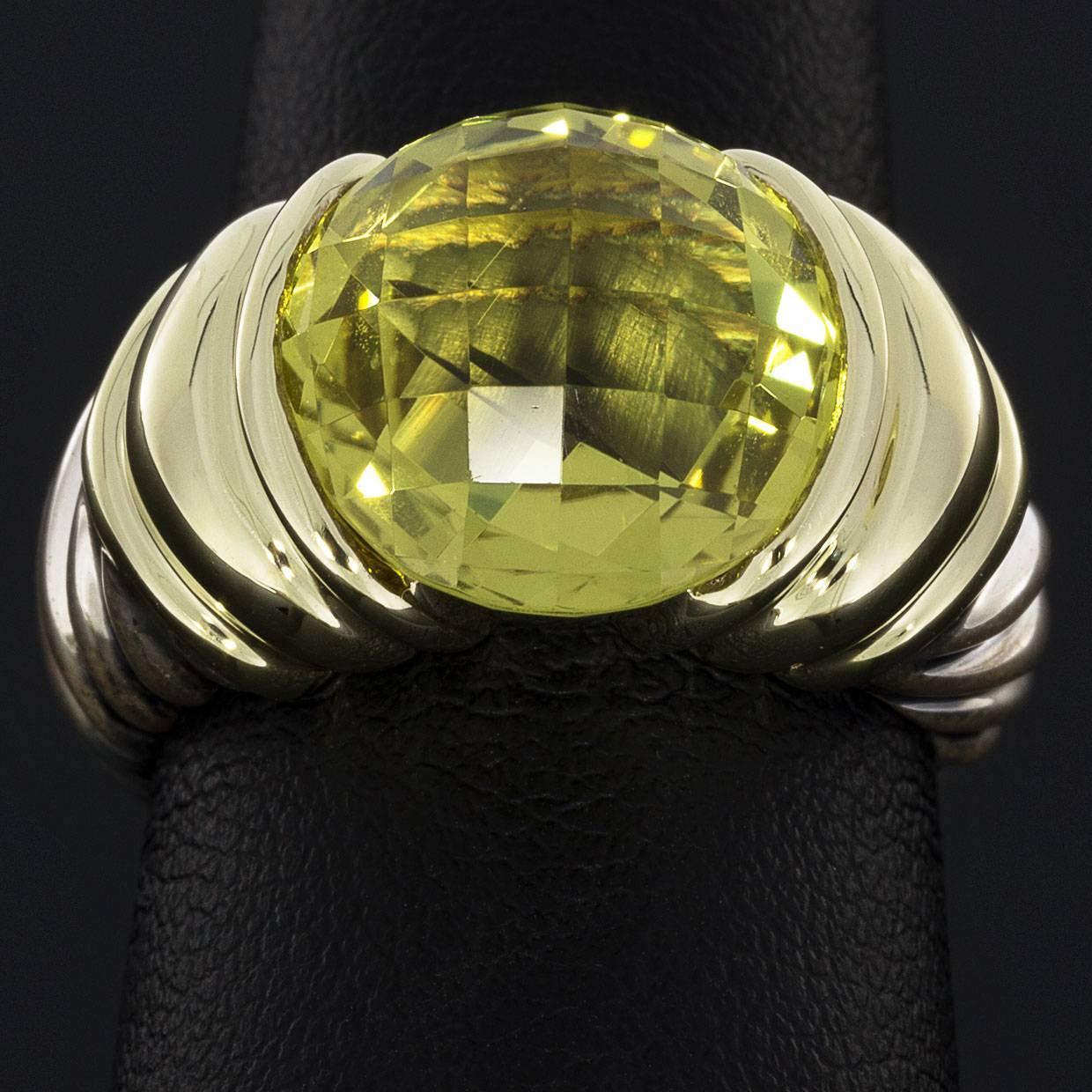 David Yurman Silver and Gold Lemon Citrine Capri Cable Ring In Excellent Condition In Columbia, MO