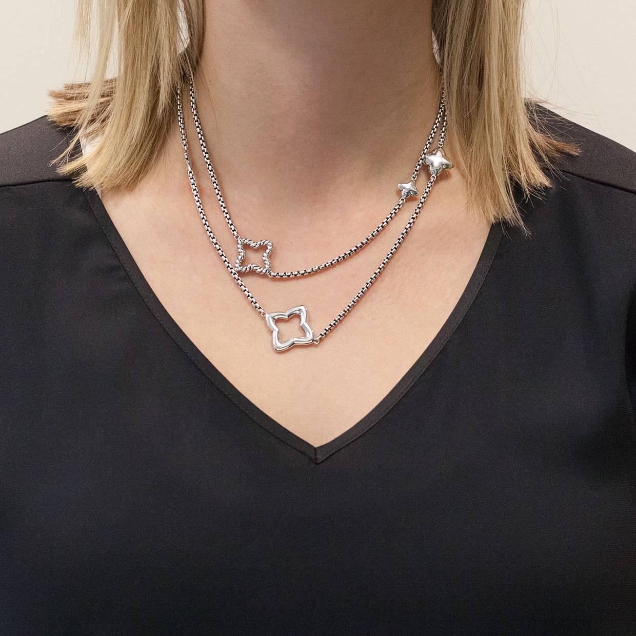 David Yurman Quatrefoil Sterling Silver Chain Necklace In Excellent Condition In Columbia, MO
