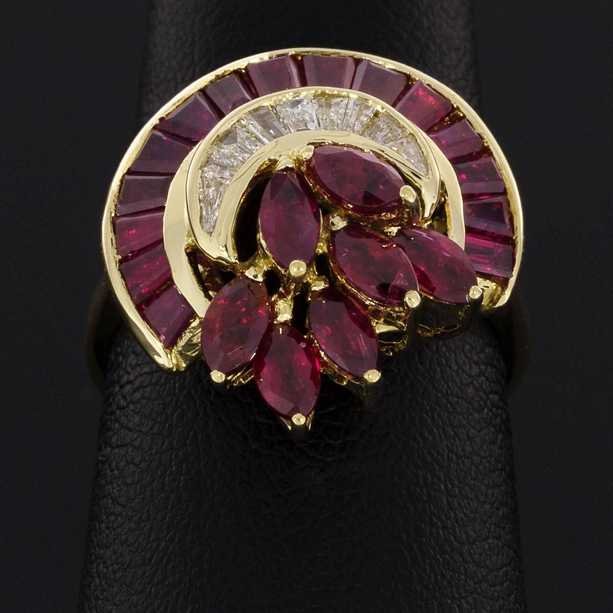 Women's Yellow Gold Vintage 3 Carat Ruby Diamond Art Deco Crescent Channel Ring