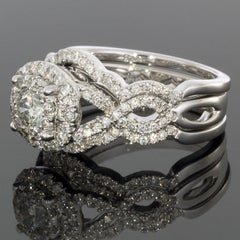 Helzberg White Gold Round Diamond Halo Engagement Ring Wedding Band Set