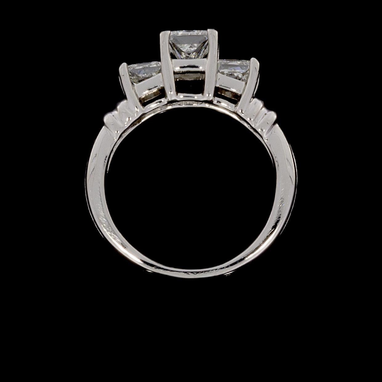 Platinum 1.52 Carat Princess Diamond Three-Stone Engagement Ring In Excellent Condition In Columbia, MO