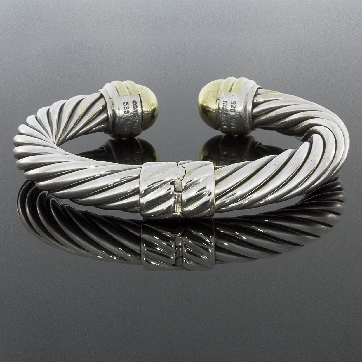 David Yurman Cable Classics Cuff Bracelet with Gold Dome End Caps In Excellent Condition In Columbia, MO