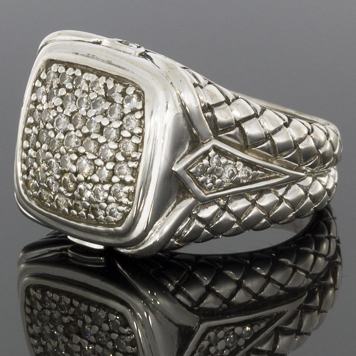 Item Details:
Estimated Retail - $2,100.00+
Brand - Scott Kay
Metal - 925 Sterling Silver
Total Carat Weight (TCW) - 0.82 ctw
Ring Size - 9.00
Sizable - Yes
Width - 17.40 mm
Style - Statement Ring

Stone 1 Information:
Stone Type - Diamond
Stone