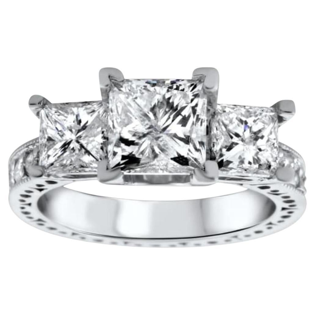 For Sale:  Platinum Engagement Ring with Center Diamond 2.12ct Princess Cut with Antique De