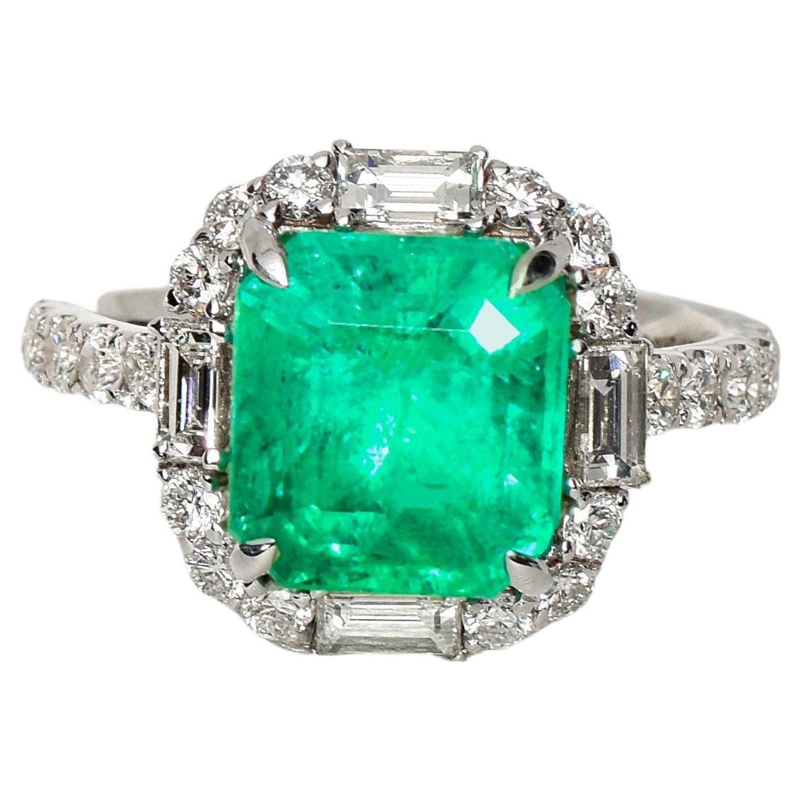 GRS 18k 4.37ct Colombia Emerald&Diamond Antique Art Deco Style Engagement Rin For Sale