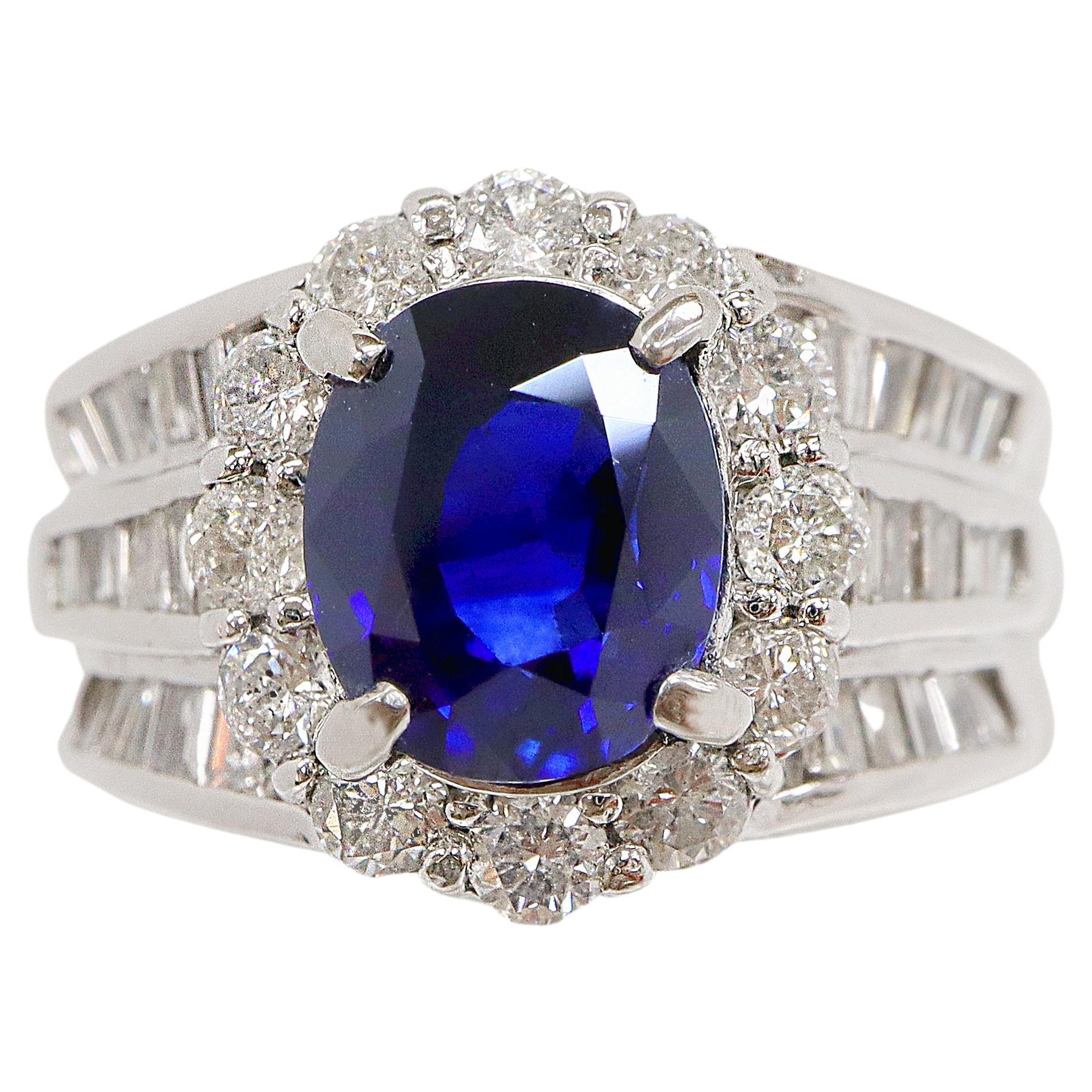 Certified PT900 3.30 ct Royal Blue Sapphire Art Deco Engagement Ring For Sale