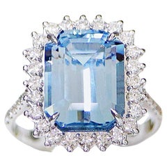 IGI 14K 4.90 Ct Blue Beryl&Diamonds Antique Art Deco Style Engagement Ring