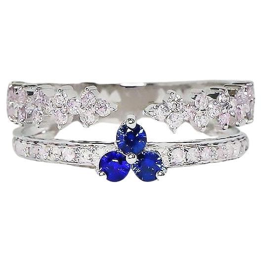 Bague de fiançailles vintage 14 carats avec diamants roses naturels 0,55 carat et saphirs bleus